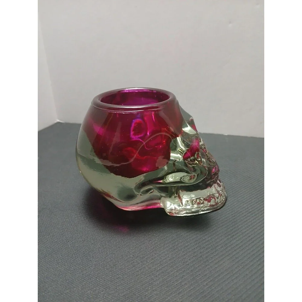 Pink Glass Skull Tealight Holder Vintage Heavy Halloween Votive‎ Candle